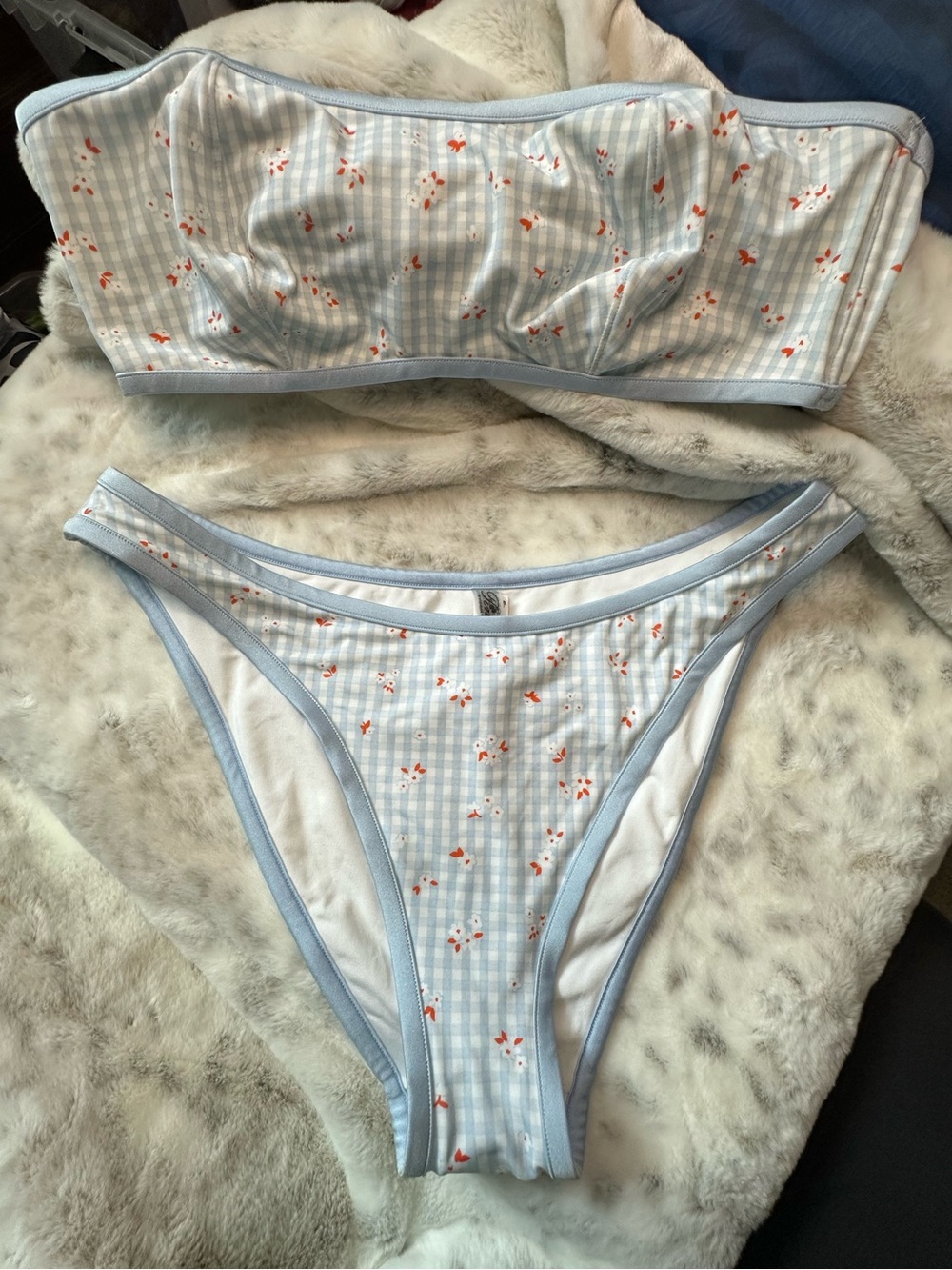 Victoria's Secret Light Blue Floral Gingham Bandeau Bikini Set